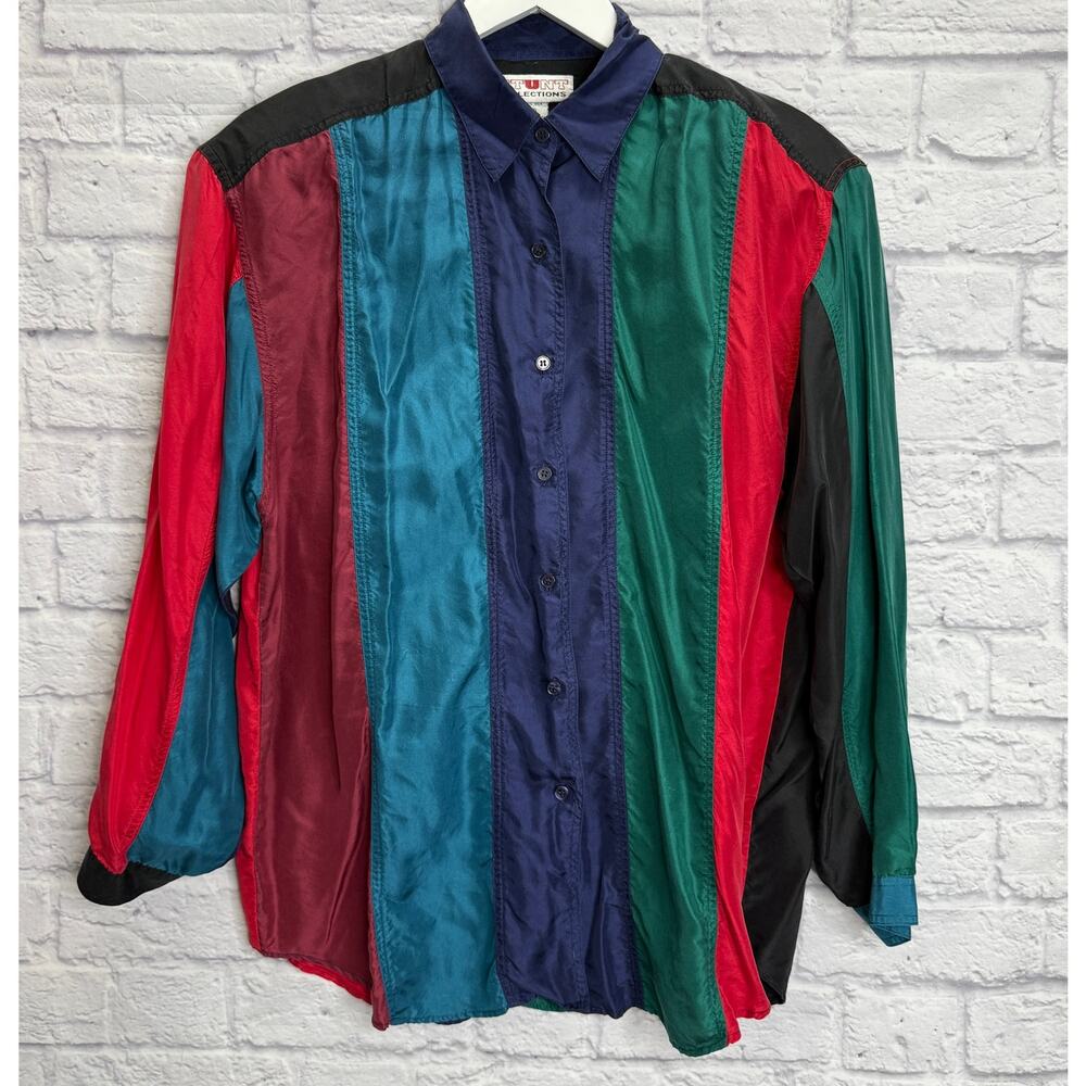 Vintage Stunt Collections Size M Silk Shirt Long Sleeve Button Up ColorBlock 90s